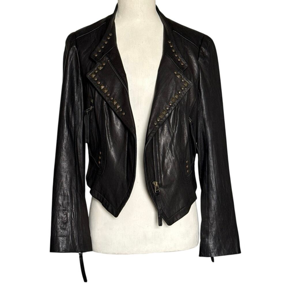 1st Avenue Womens Lambskin Leather Studded Moto Jacket Black Cropped Large EUC - Picture 12 of 16